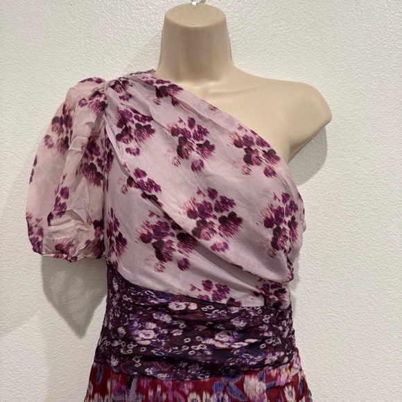 AMUR Laura Floral Silk One Shoulder Dress Size 2 Lavender Purple Asymmetric Hem - Picture 6 of 16